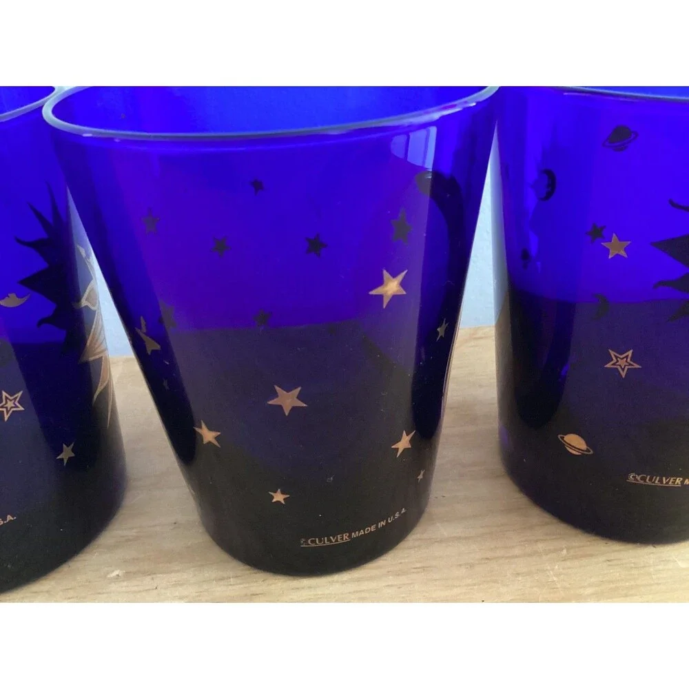 Set 3 Culver Cobalt Blue Glasses Gold Sun Moon Stars USA 12 oz Cocktail Glass